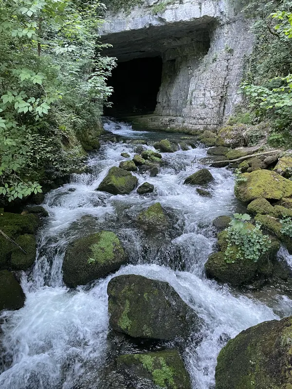 A stream tumbling over mossy boulders out of a cave mouth at the Cuves de Sassenage