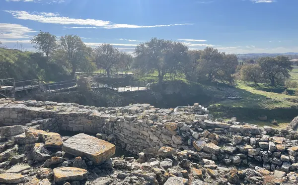 Layered stone walls of ancient Troy among oak trees and grass under a blue sky