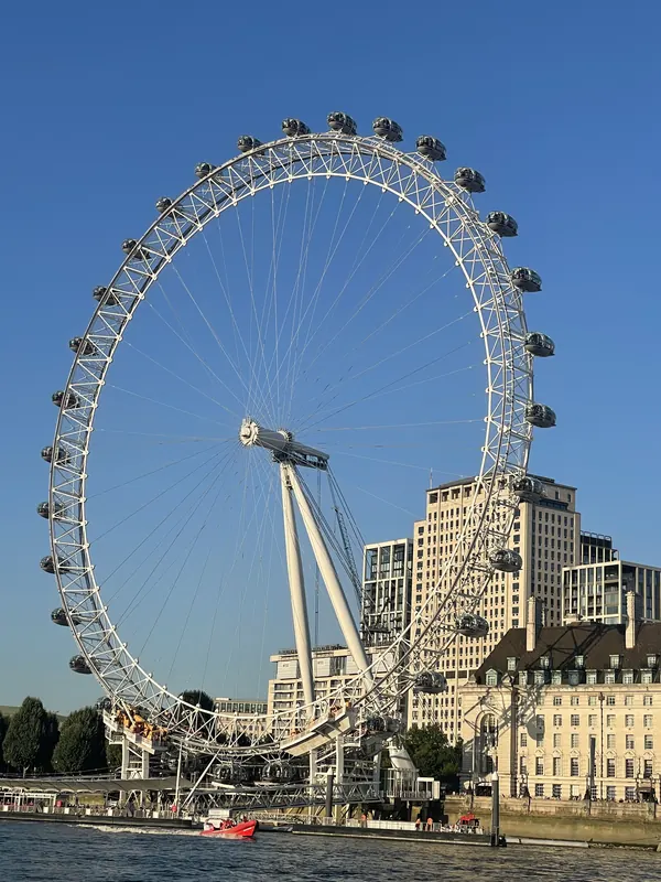 The London Eye’s giant wheel beside the Thames in evening sunshine