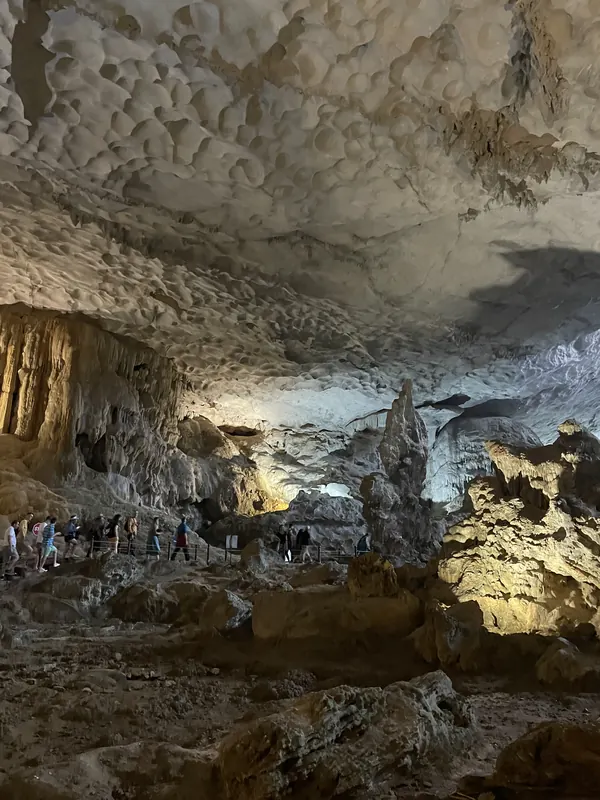 The huge lit chamber of Sung Sot Cave, its ceiling covered in scalloped rock